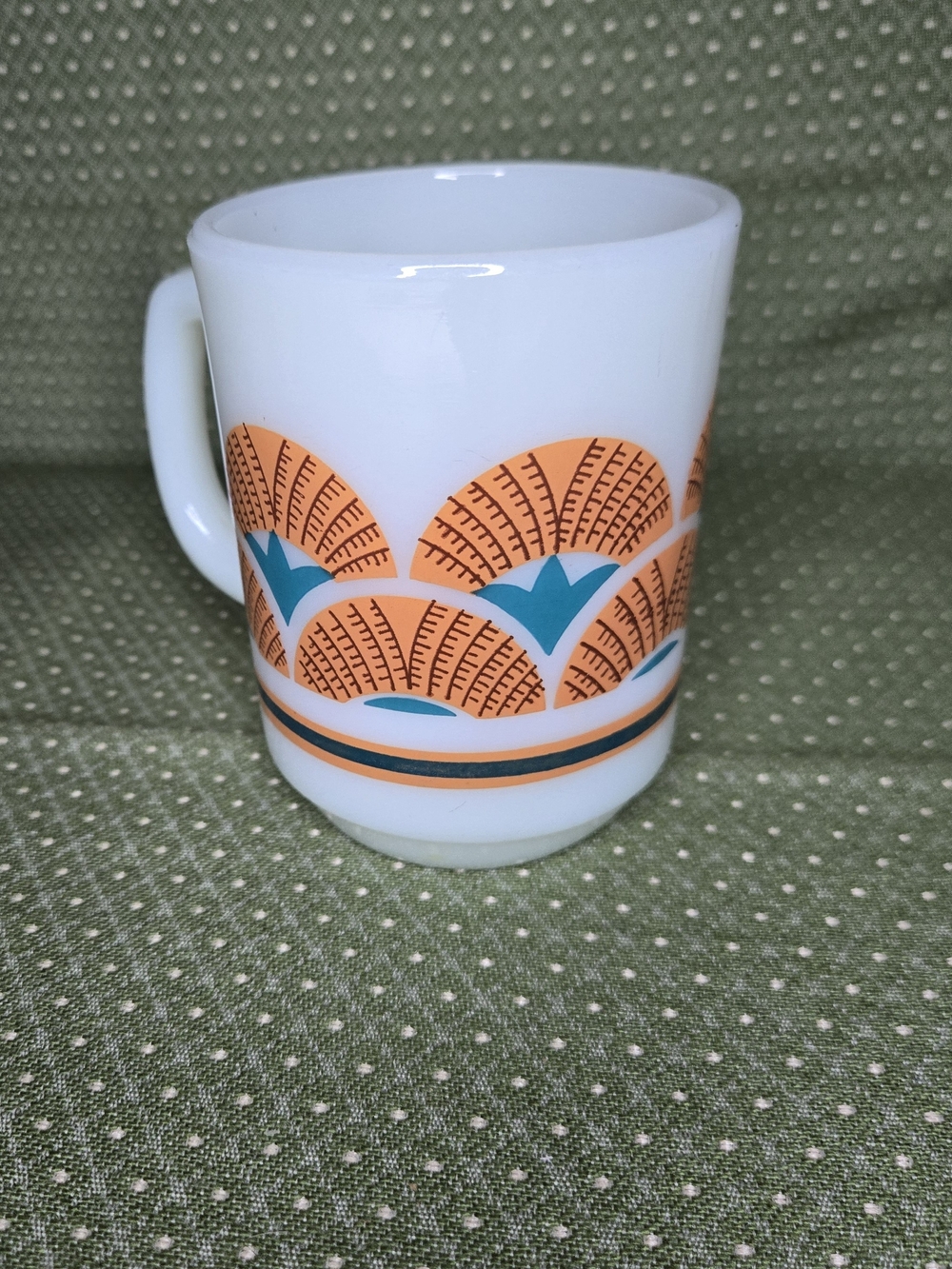 Fire King Orange Lotus Pattern On Milk Glass Mug